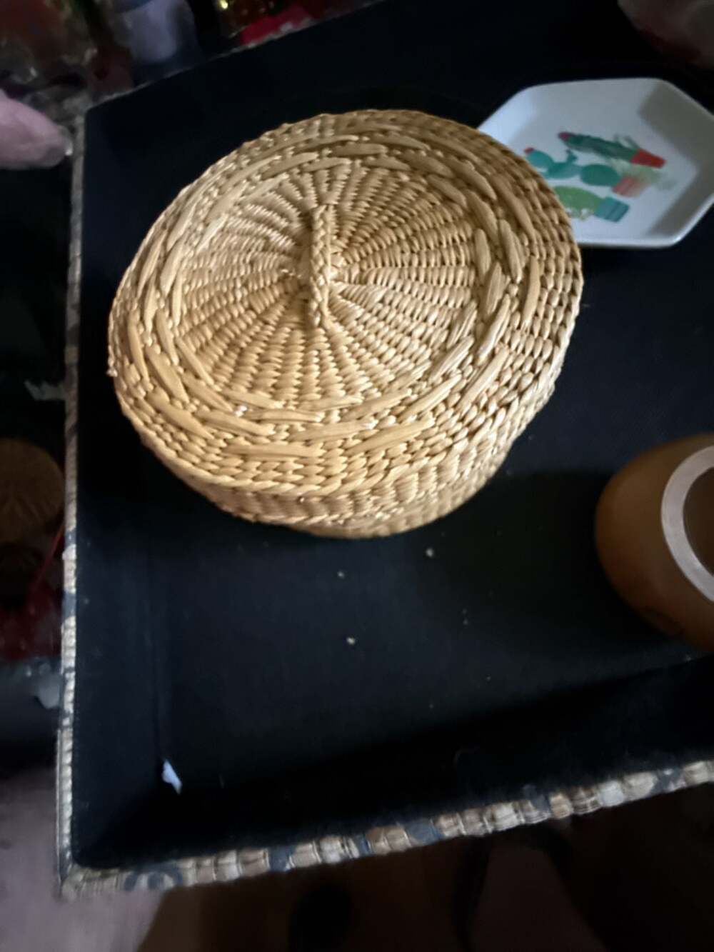 Vintage Hand-Woven Sweetgrass Lidded Round Trinket Basket